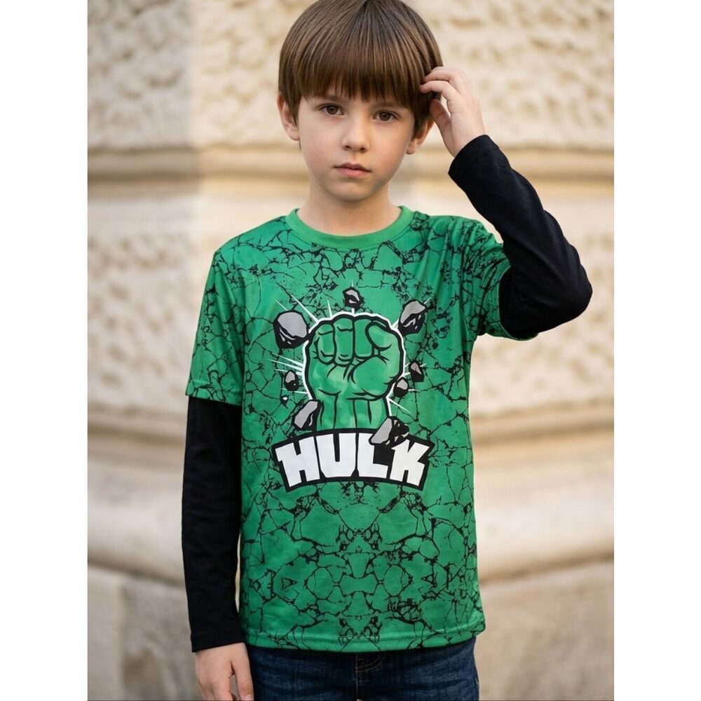 HULK Boys Large 10/12 Green Layered Look Marvel Avengers Long Sleeve T-shirt EUC